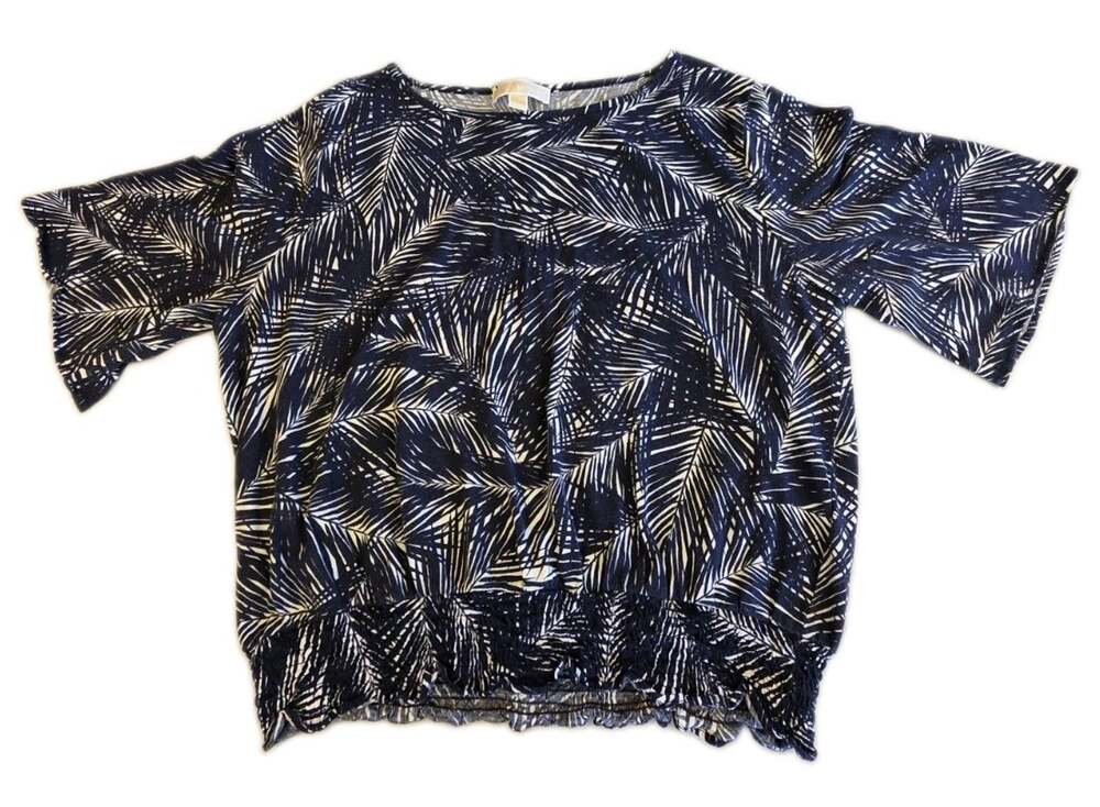 Michael Kors Women's Large Tropical Blue White Top Casual Summer Short Sleeve